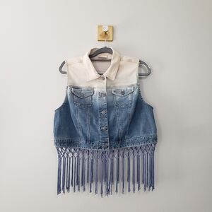 Chico's Denim Fringe Vest Women Large Blue Cream Ombre Stretchy Rodeo Western